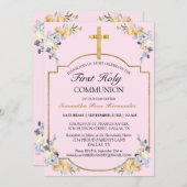 Hübsches Rosa Bläsergoldkreuz 1. Einladung (Vorne/Hinten)