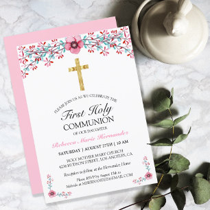 Hübsches Rosa Bläsergoldkreuz Erste Heilige Kommun Einladung