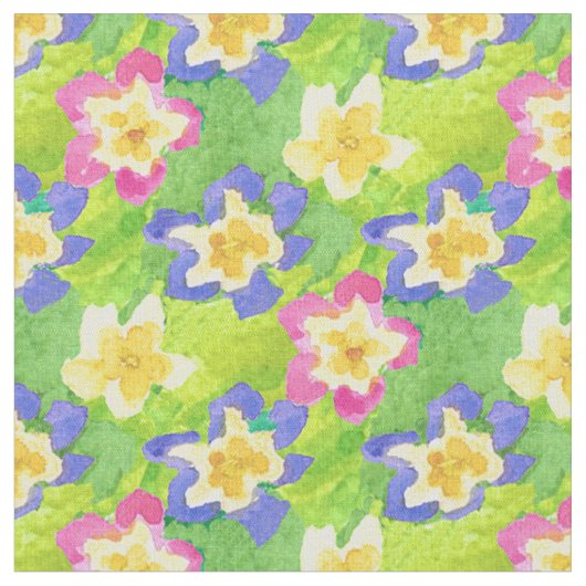 Hübsches rosa blaues gelbes Primel-Gewebe Stoff (Nahaufnahme)