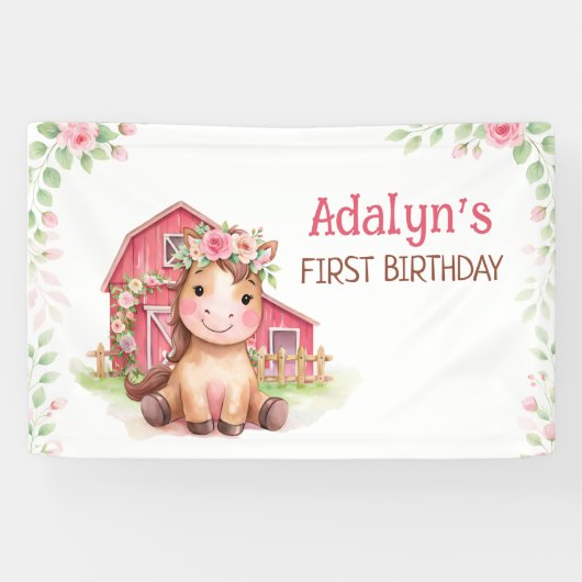 Hübsches rosa Blumen Pferd Geburtstag Banner (Horizontal)