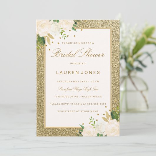 Hübsches Rosa Blumengold Glitzer Brautparty Einladung (Stehend Vorderseite)