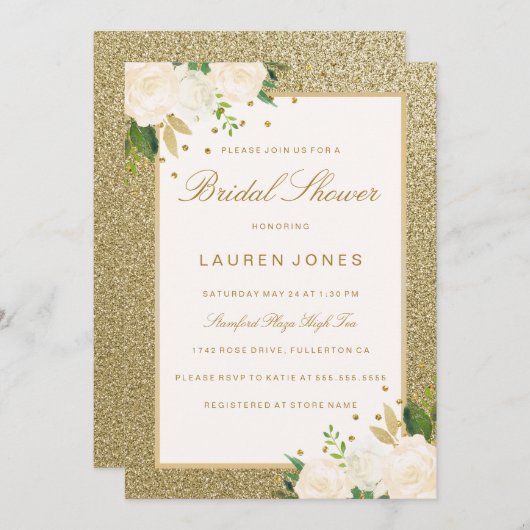 Hübsches Rosa Blumengold Glitzer Brautparty Einladung (Vorne/Hinten)