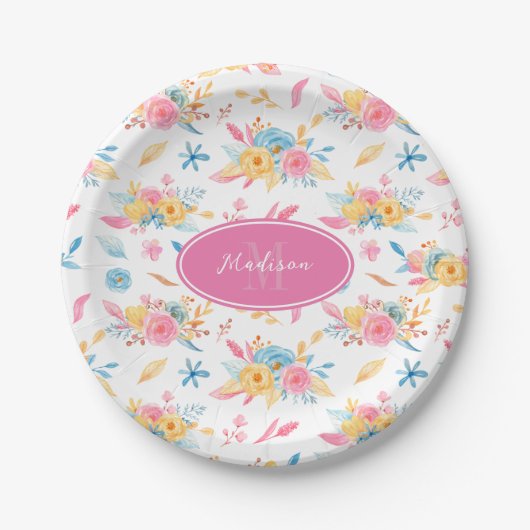 Hübsches rosa Blumenmuster mit Monogramm Pappteller (Vorderseite)