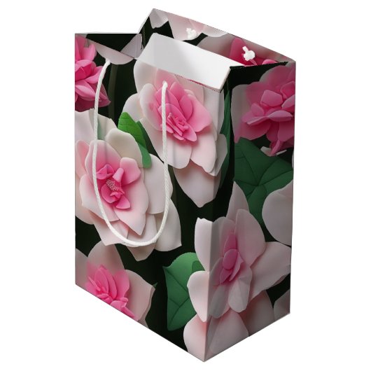 Hübsches rosa Blumenmuster Mittlere Geschenktüte (Rückseite Schrägansicht)