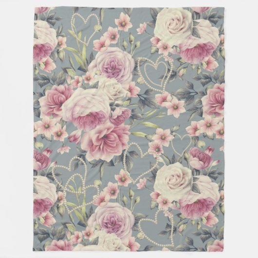 Hübsches rosa Blumenmuster und Perlenmuster Fleecedecke (Vorderseite)