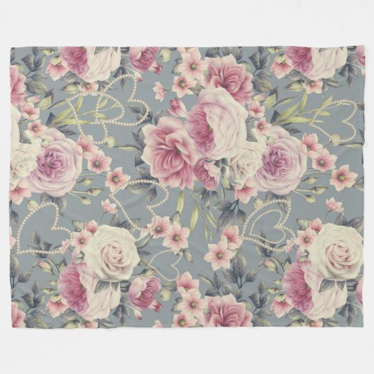 Hübsches rosa Blumenmuster und Perlenmuster Fleecedecke (Vorderseite (Horizontal))