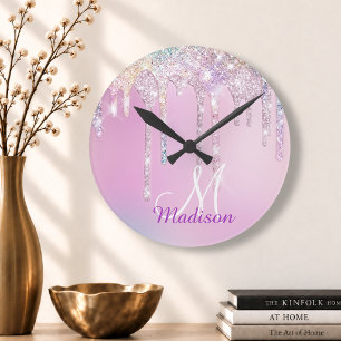 Hübsches rosa Einhorn Regenbogen Glitter Tropfen M Runde Wanduhr