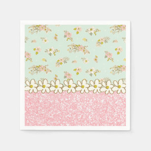 Hübsches rosa Glitter-Blumenmuster in Grün Vintage Serviette