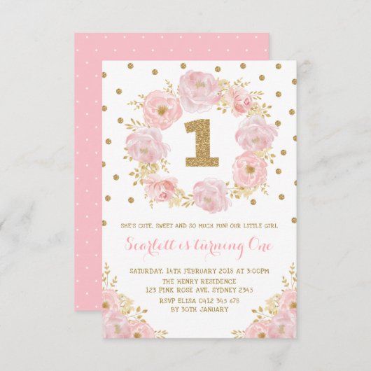 Hübsches rosa Goldblumen1. erstes Einladung (Vorne/Hinten)