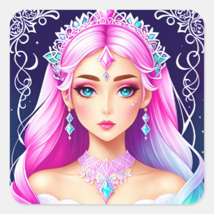 Hübsches rosa-haariges Druckaufkleberdesign Quadratischer Aufkleber