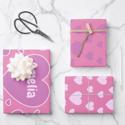 Hübsches rosa Herz-Set von 3 Geschenkpapier Set (Vorderseite)