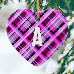 Hübsches rosa Karo modernes Tartan Monogramm Weihn Keramik Ornament