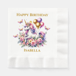 Hübsches Rosa, Lila und Gold Einhorn Geburtstag  Serviette