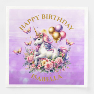 Hübsches Rosa, Lila und Gold Einhorn Geburtstag  Serviette