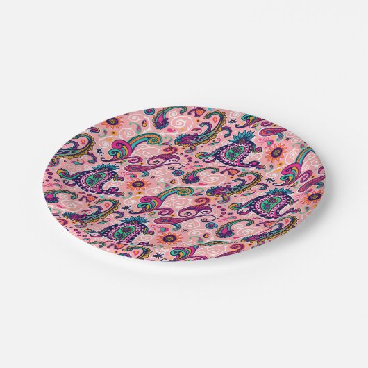 Hübsches rosa Paisley-Muster Pappteller (Schrägansicht)