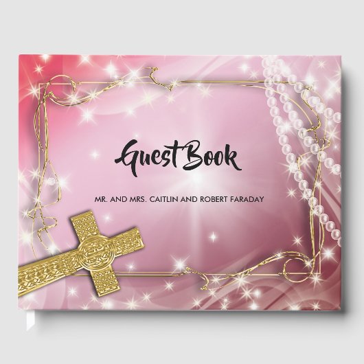 Hübsches Rosa Perlkreuz Gästebuch (Vorderseite)