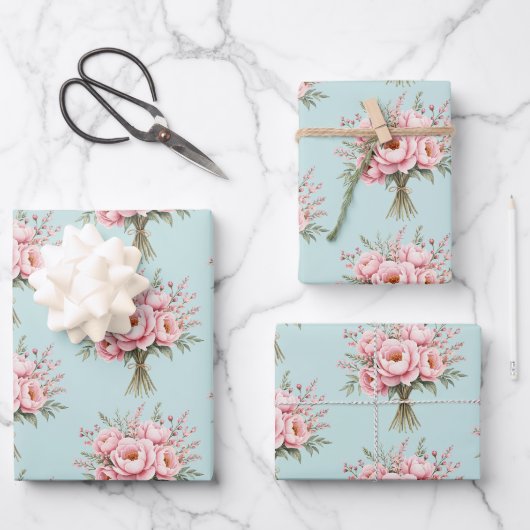 Hübsches rosa Pfingstrosen-Blumenstrauß-Muster Geschenkpapier Set (Vorderseite)