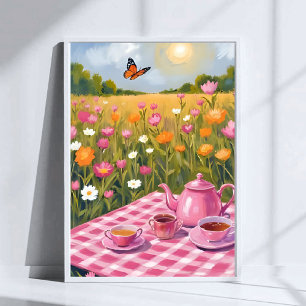 Hübsches rosa Picknick   Schmetterling im Blumenfe Poster