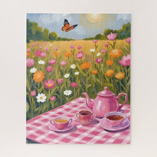 Hübsches rosa Picknick | Schmetterling im Blumenfe Puzzle (Vertikal)