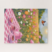 Hübsches rosa Picknick | Schmetterling im Blumenfe Puzzle (Horizontal)