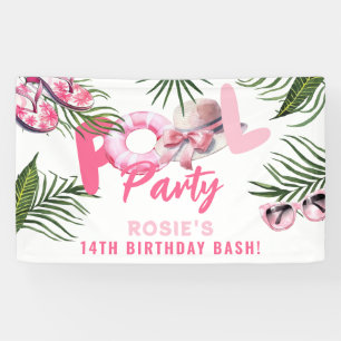 Hübsches Rosa Poolparty Mädchen Geburtstag Banner