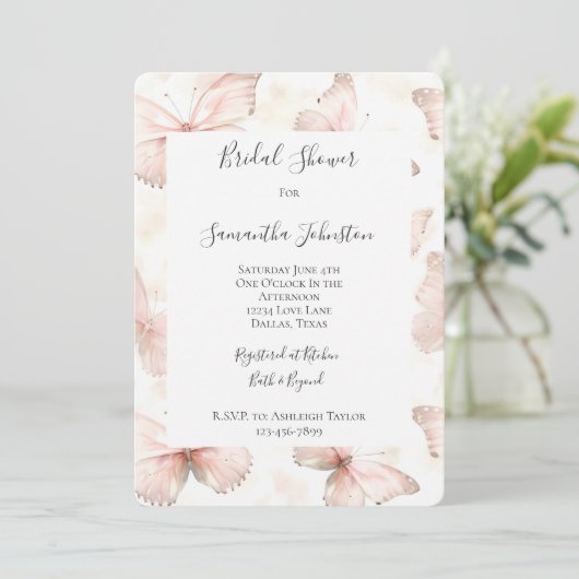 Hübsches Rosa Schmetterlinge Brautparty Einladung (Stehend Vorderseite)