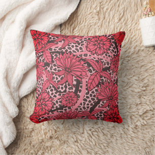 Hübsches Rosa Schwarz Florales Leoparden Druck Mus Kissen