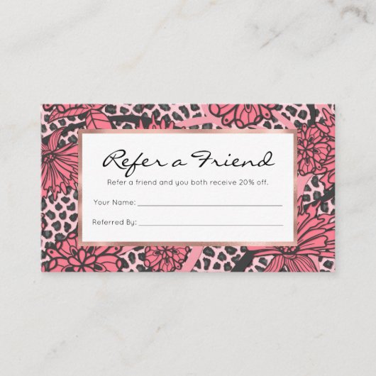 Hübsches rosa schwarzes Blumenleopard-Druck-Muster Empfehlungskarte (Vorderseite)