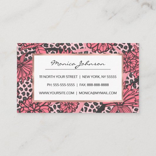 Hübsches rosa schwarzes Blumenleopard-Druck-Muster Treuekarte (Rückseite)