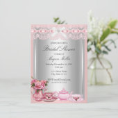 Hübsches rosa Spitzen Hoher Tee Brautparty Einladung (Stehend Vorderseite)