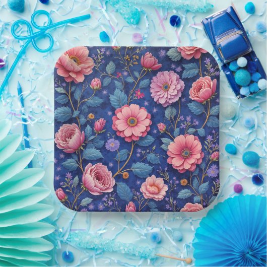 Hübsches rosa und blaues Blumenmuster Pappteller (Party)