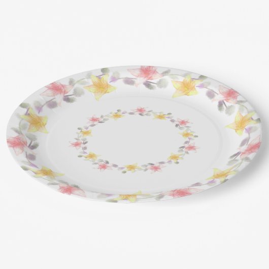 Hübsches Rosa und Gelbe Lilienflora Party Pappteller (Schrägansicht)