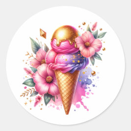 Hübsches Rosa und Gold Eiscreme Runder Aufkleber