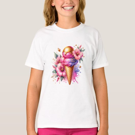 Hübsches Rosa und Gold Ice Creme Cone Blüten T-Shirt (Vorderseite)