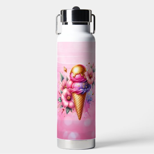 Hübsches Rosa und Gold Ice Creme Cone Personalisie Trinkflasche (Vorderseite)