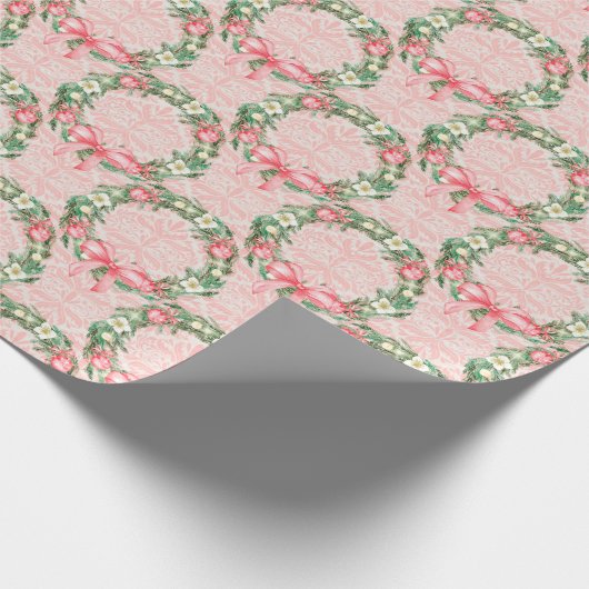 Hübsches Rosa und grüner Weihnachtskranz Geschenkpapier (Ecke)