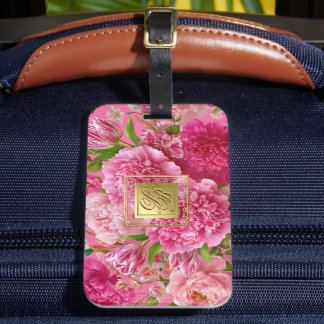 Hübsches rosa und grünes Blumenmonogramm-Gepäckanh Gepäckanhänger
