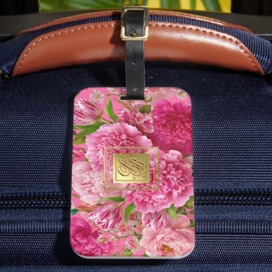 Hübsches rosa und grünes Blumenmonogramm-Gepäckanh Gepäckanhänger (Vorderseite Insitu 2)