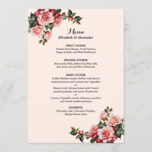 Hübsches Rosa und rote Rosen Hochzeit Menükarte