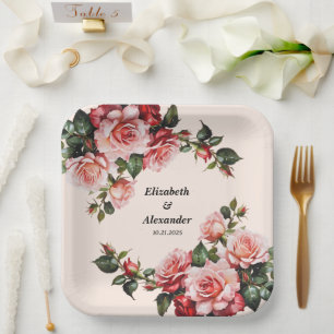 Hübsches Rosa und rote Rosen Hochzeit Pappteller