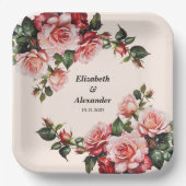 Hübsches Rosa und rote Rosen Hochzeit Pappteller (Vorderseite)