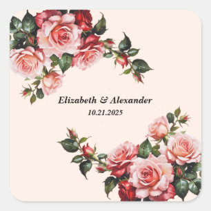 Hübsches Rosa und rote Rosen Hochzeit Quadratischer Aufkleber