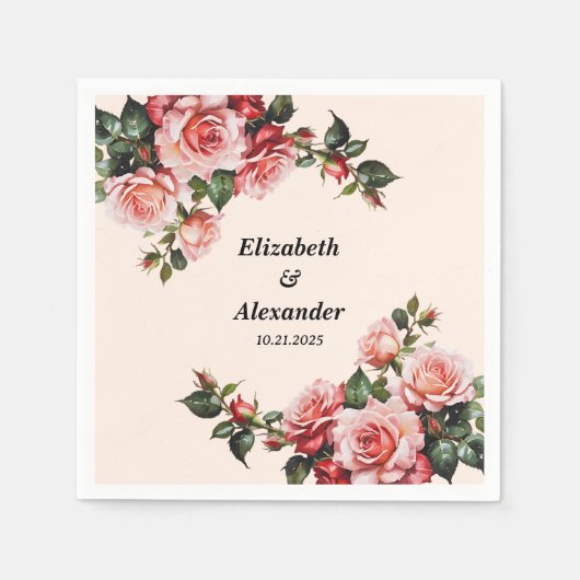 Hübsches Rosa und rote Rosen Hochzeit Serviette (Vorderseite)