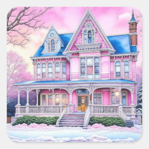 Hübsches rosa Viktorianisches Haus zu Weihnachten Quadratischer Aufkleber