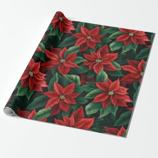 Hübsches Rot und Grün Poinsettias Digitale Kunst Geschenkpapier (Ungerollt)