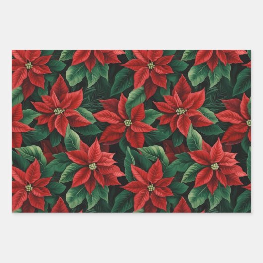 Hübsches Rot und Grün Poinsettias Digitale Kunst Geschenkpapier Set (Vorderseite 2)
