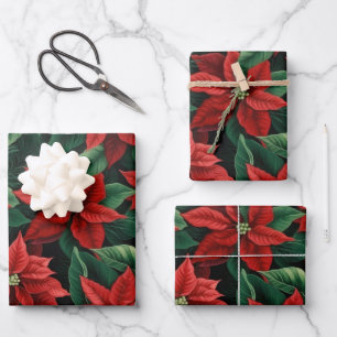 Hübsches Rot und Grün Poinsettias Digitale Kunst Geschenkpapier Set
