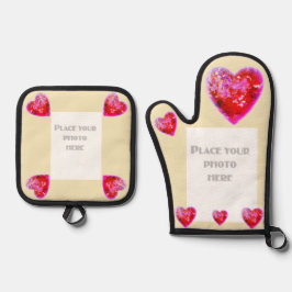 Hübsches Rotes Herz-Foto Ofenhandschuh & Topflappen-Set