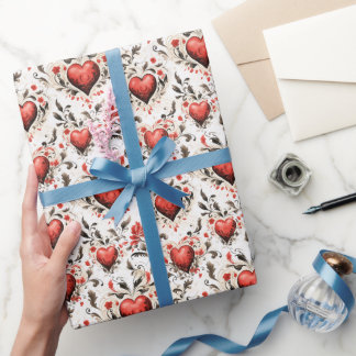 Hübsches Rotes Herz und Blume Vintag Geschenkpapier