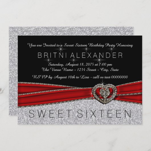 Hübsches Rotes Schwarz und Silbersüß 16 Einladung (Vorne/Hinten)
